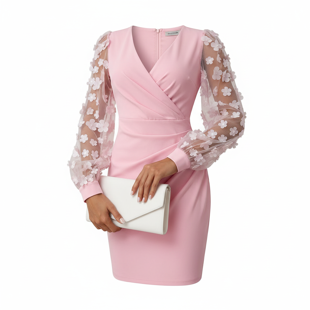 Charlotte | Women's Graduation Mini Dress With V-Neckline And Sheer Long Sleeves | Elegant