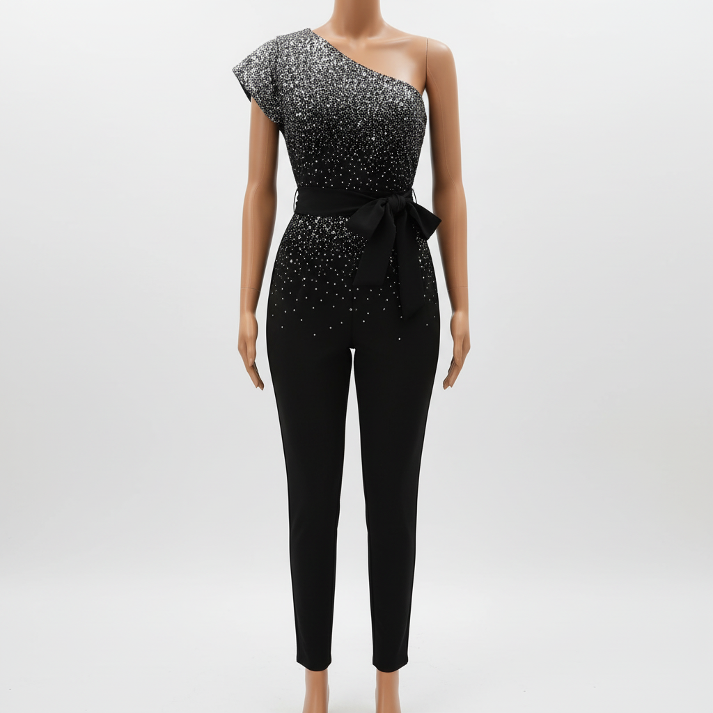 Charlotte | Women's Jumpsuit With Asymmetric Neckline And Waist Tie Detail | Party