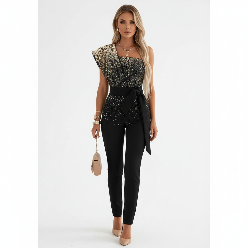 Charlotte | Women's Jumpsuit With Asymmetric Neckline And Waist Tie Detail | Party