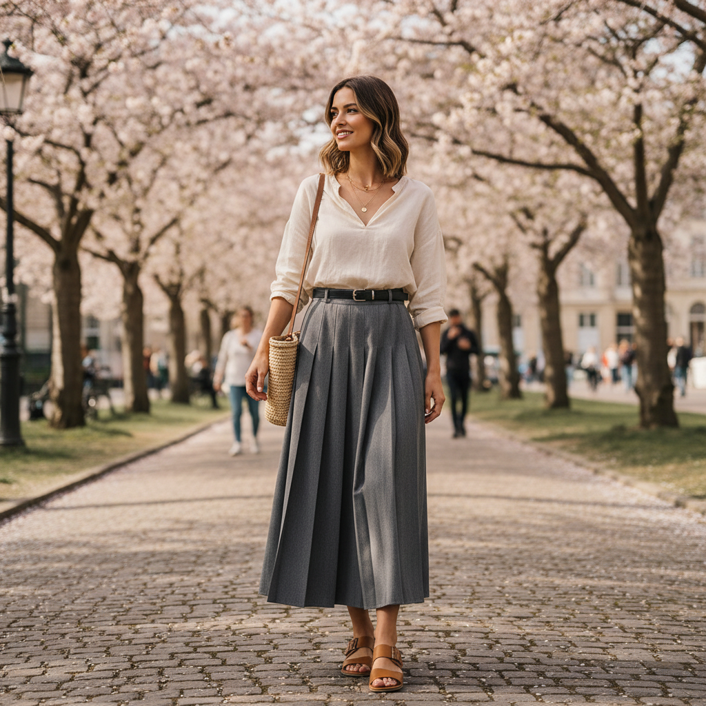 Charlotte | Women's Midi Skirt With Pleated Design And Belt Detail | Elegant