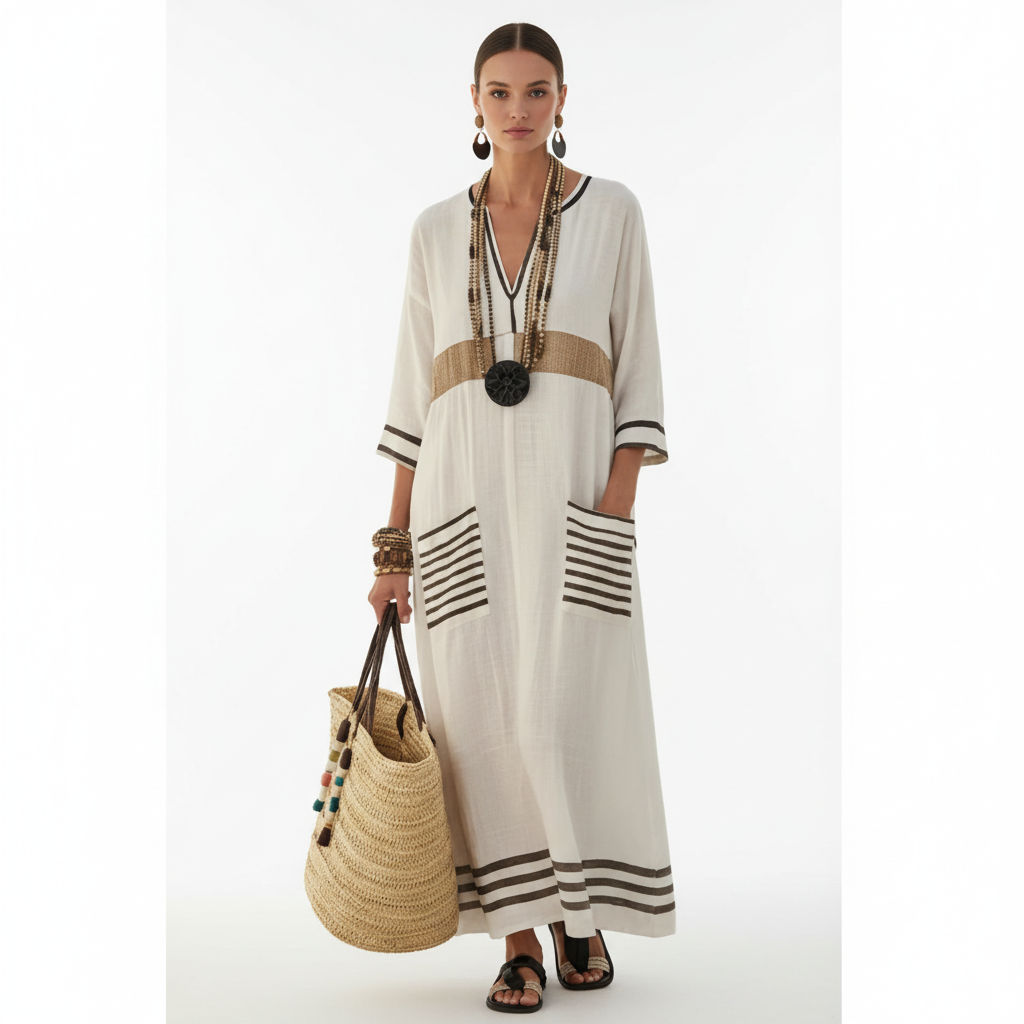 Charlotte | Women's Pocket Maxi Dress With V-Neck And Three Quarter Sleeves | Casual