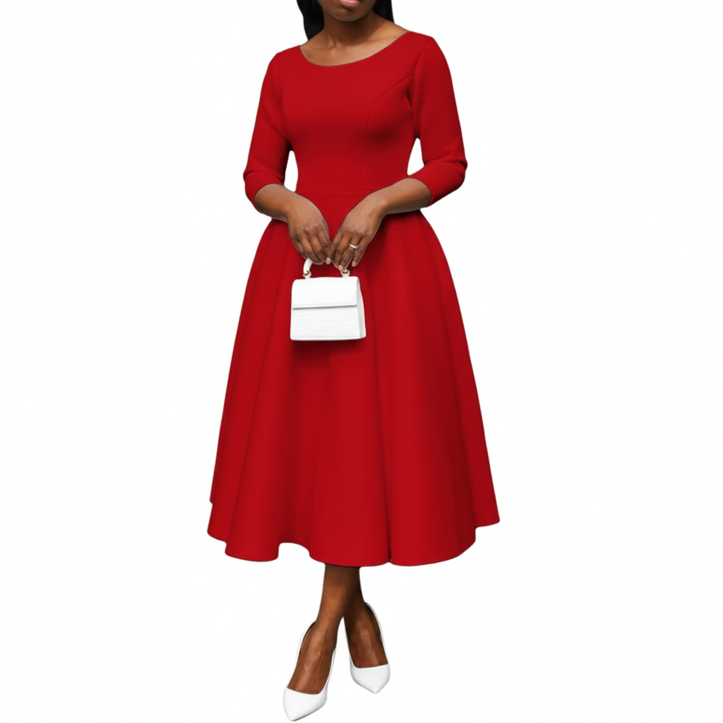 Charlotte | Women's Wedding Guest Dress With Boat Neck And Three Quarter Sleeves | Elegant