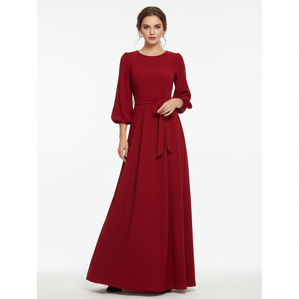 Charlotte | Women's Wedding Maxi Guest Dress With Long Sleeves And Tie Waist | Elegant