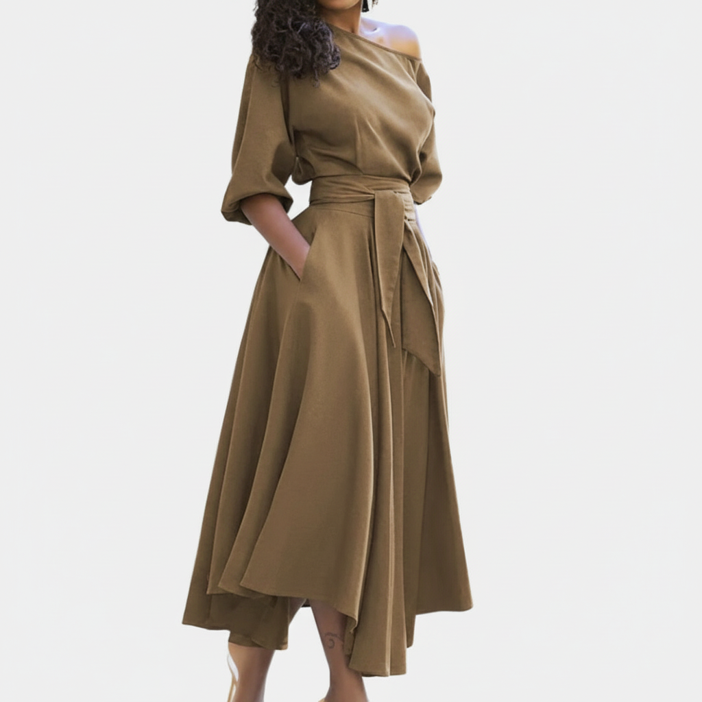 Elara | Women's Asymmetric One Shoulder Midi Long Sleeve Dress