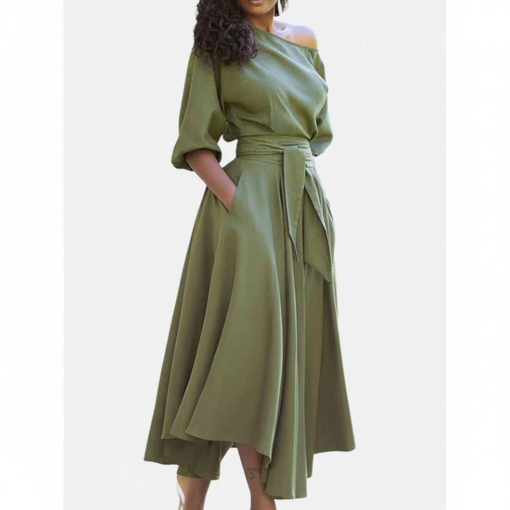 Elara | Women's Asymmetric One Shoulder Midi Long Sleeve Dress
