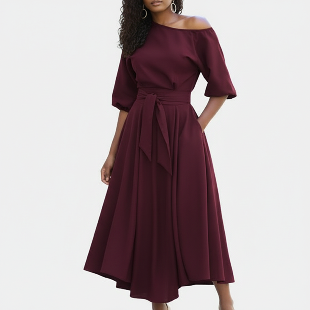 Elara | Women's Asymmetric One Shoulder Midi Long Sleeve Dress