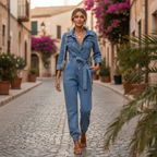 Elara | Women's Denim Jumpsuit With Adjustable Belt And Zip Front