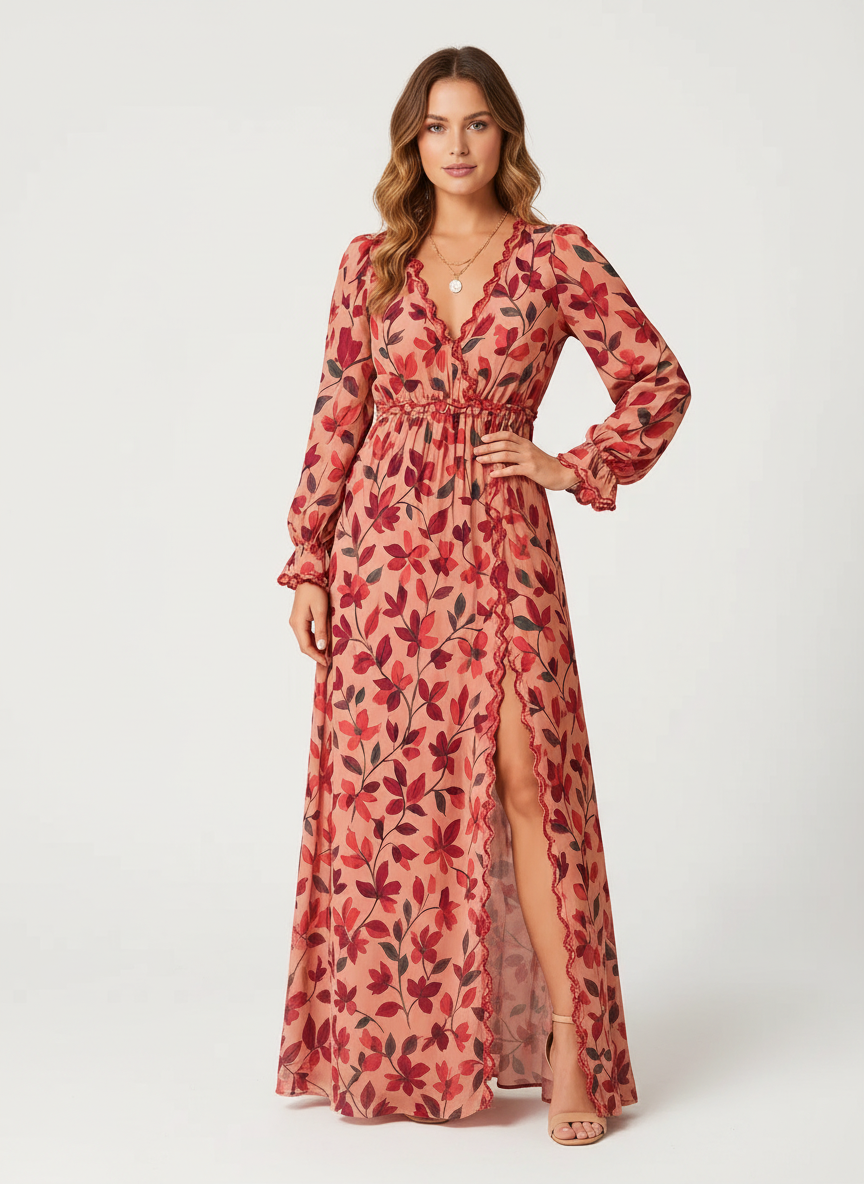Elara | Women's Floral Maxi Dress With Adjustable Tie Waist And Cape Sleeves