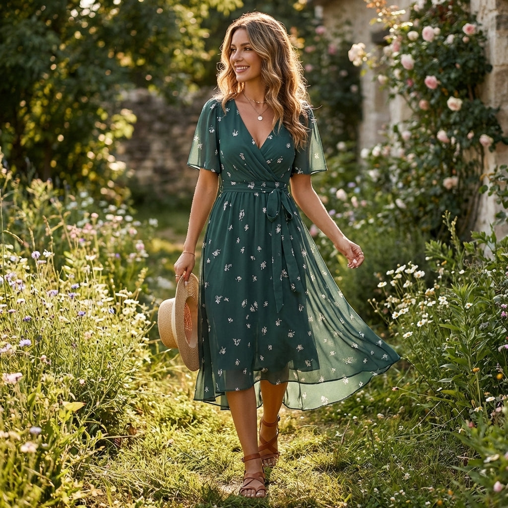 Eliza | Women’s Day Midi Dress With Floral Print And V-Neck Wrap Style | Elegant