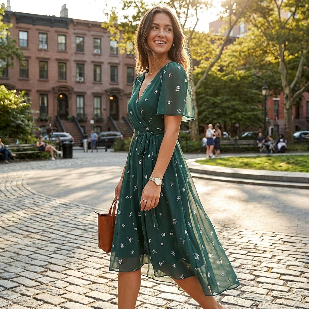 Eliza | Women’s Day Midi Dress With Floral Print And V-Neck Wrap Style | Elegant