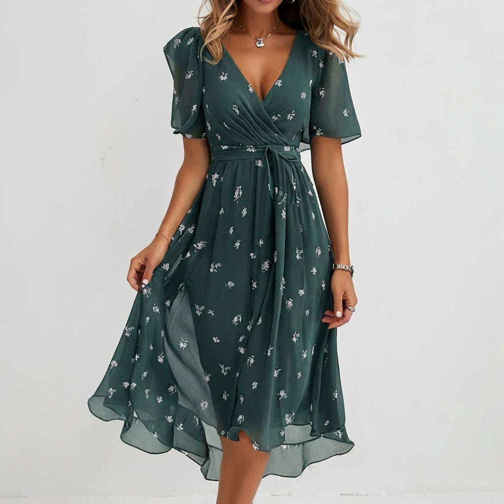 Eliza | Women’s Day Midi Dress With Floral Print And V-Neck Wrap Style | Elegant