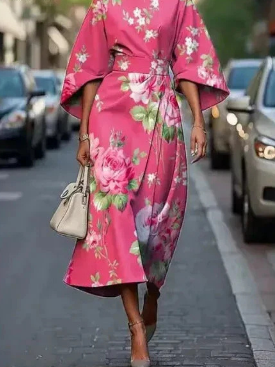 Elowen | Women's Floral Dress With Cape Sleeves And Tie Waist