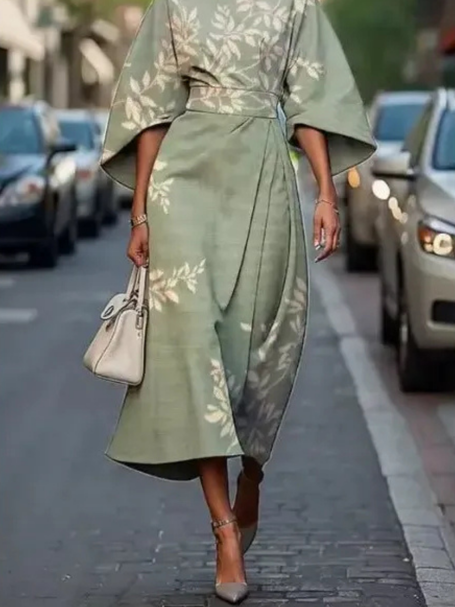 Elowen | Women's Floral Dress With Cape Sleeves And Tie Waist