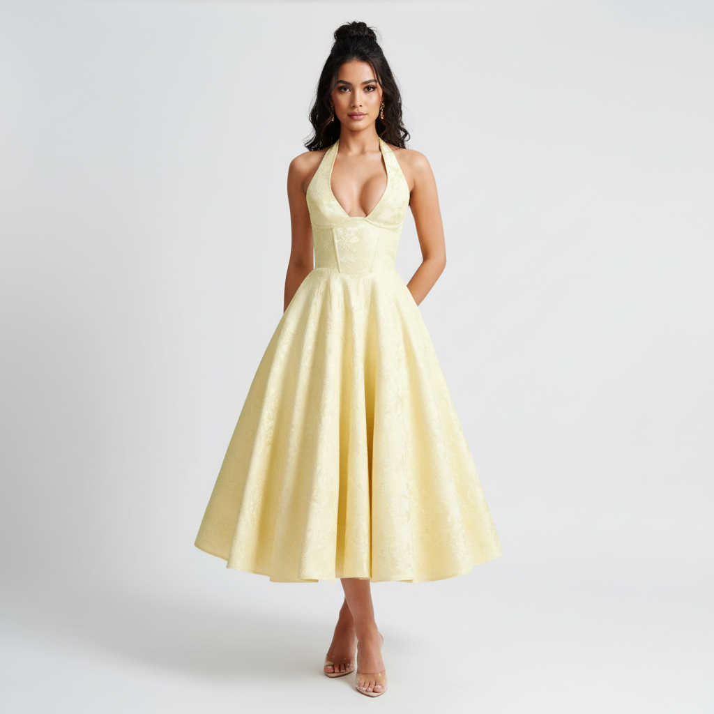 Elowen | Women's Wedding Maxi Guest Dress With Pleated Skirt And Plunging V Neck