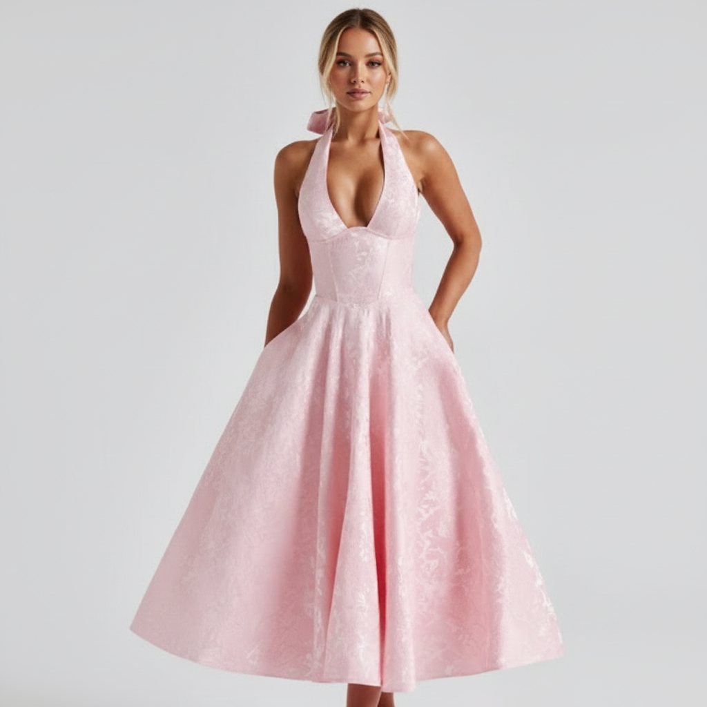 Elowen | Women's Wedding Maxi Guest Dress With Pleated Skirt And Plunging V Neck