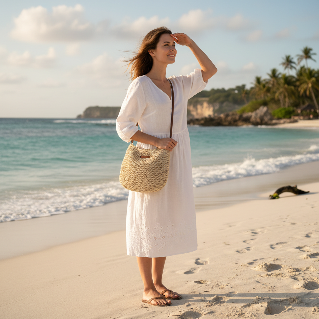 Emma | Women's Beach Bag With Woven Texture And Crossbody Strap | Casual
