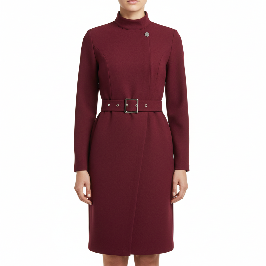 Emma | Women's Black Midi Dress With High Neck And Belted Waist | Elegant