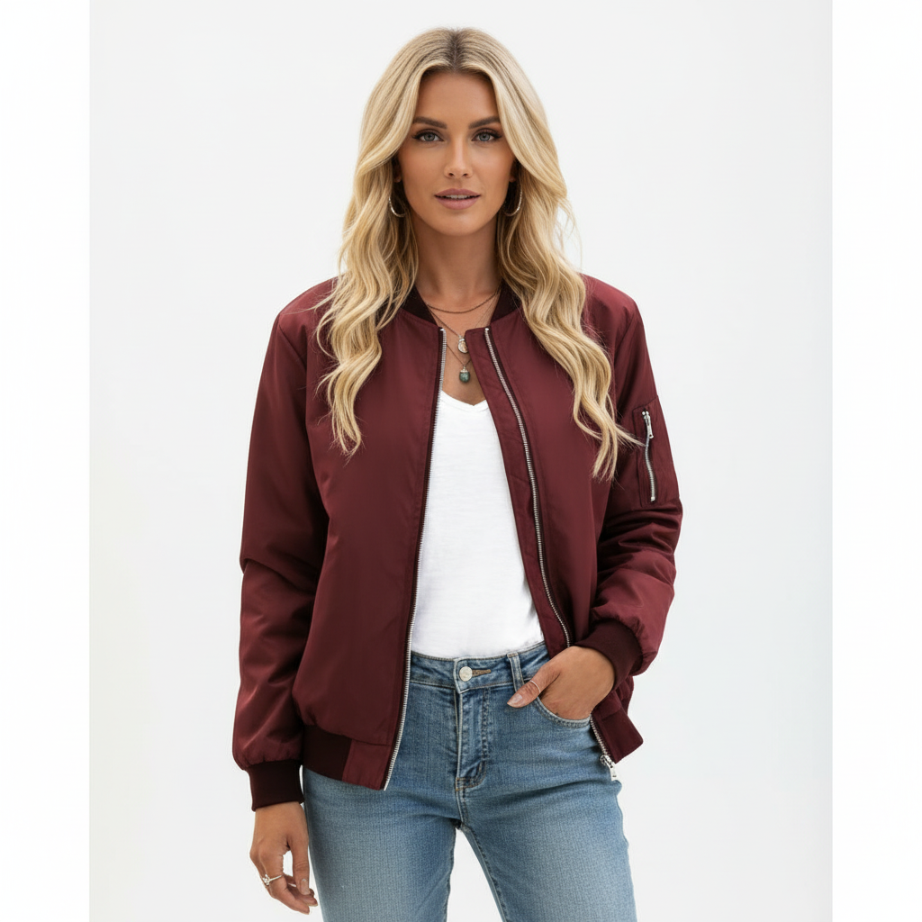 Emma | Women's Bomber Jacket With Zip Closure And Sleeve Pocket | Casual