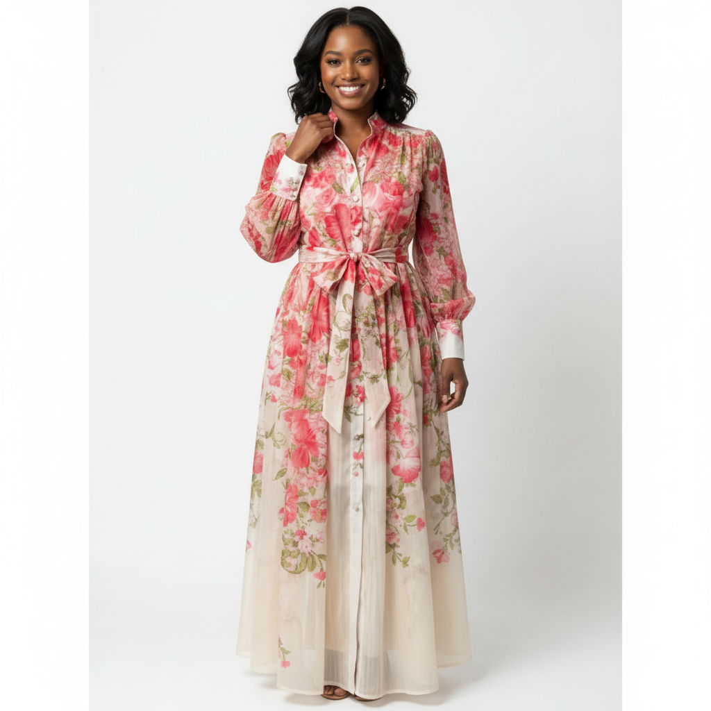 Emma | Women's Floral Maxi Dress With Tie Waist And Long Sleeves | Elegant