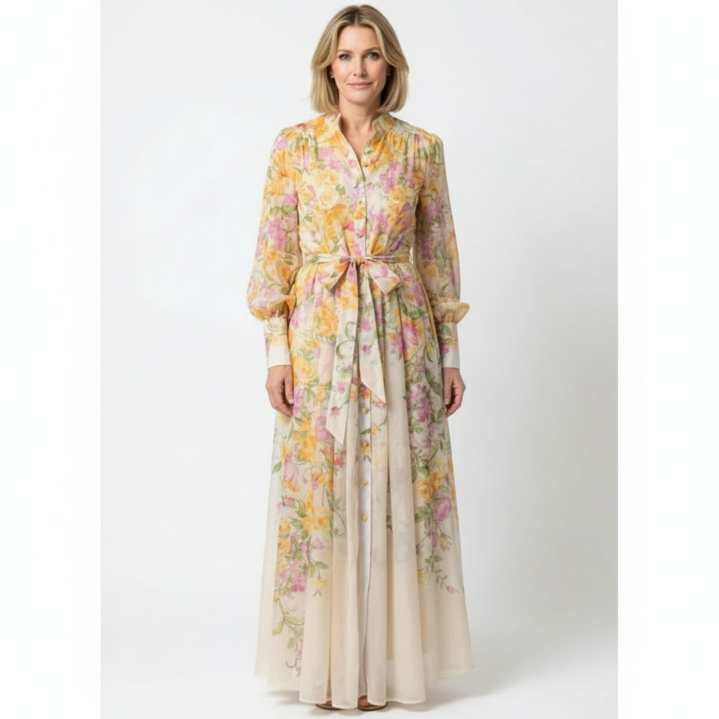 Emma | Women's Floral Maxi Dress With Tie Waist And Long Sleeves | Elegant