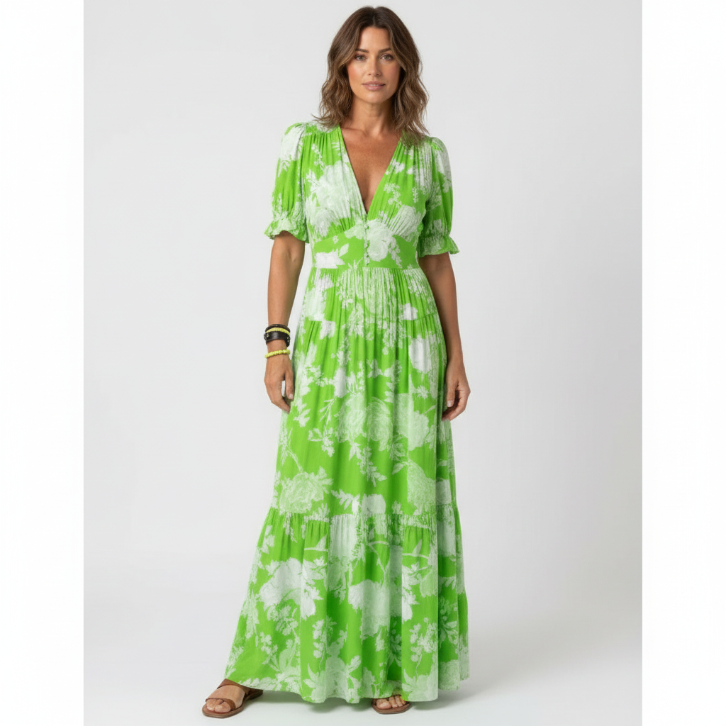 Emma | Women's Floral Maxi Dress With V-Neck And Short Sleeves | Casual