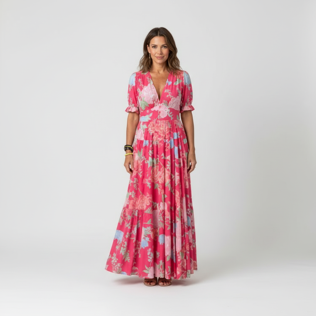 Emma | Women's Floral Maxi Dress With V-Neck And Short Sleeves | Casual