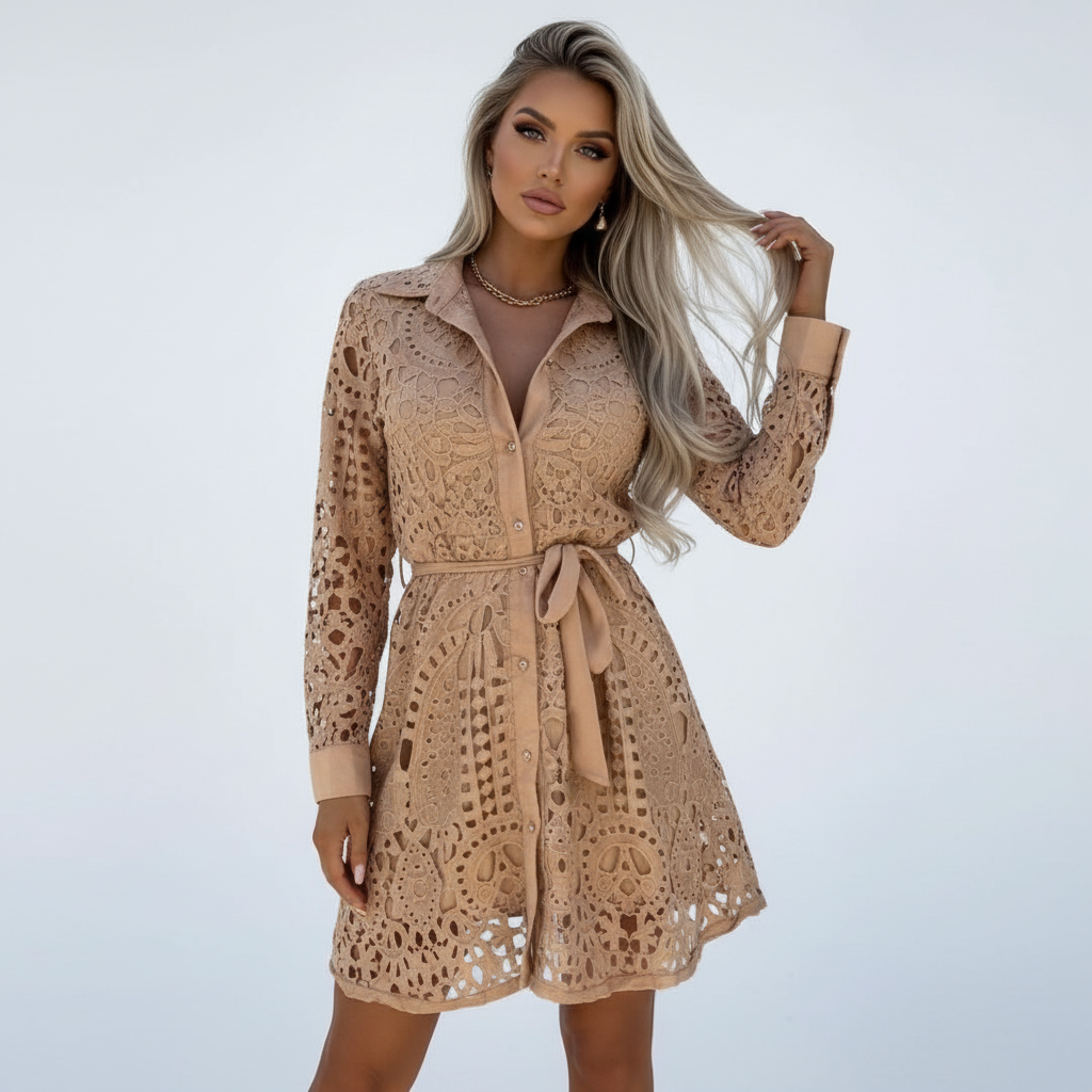 Emma | Women's Mini Lace Dress With Long Sleeves And Waist Tie Detail | Chic