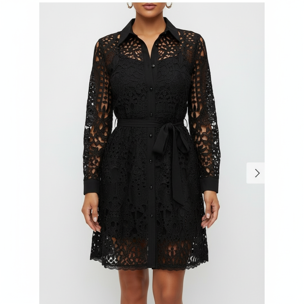 Emma | Women's Mini Lace Dress With Long Sleeves And Waist Tie Detail | Chic