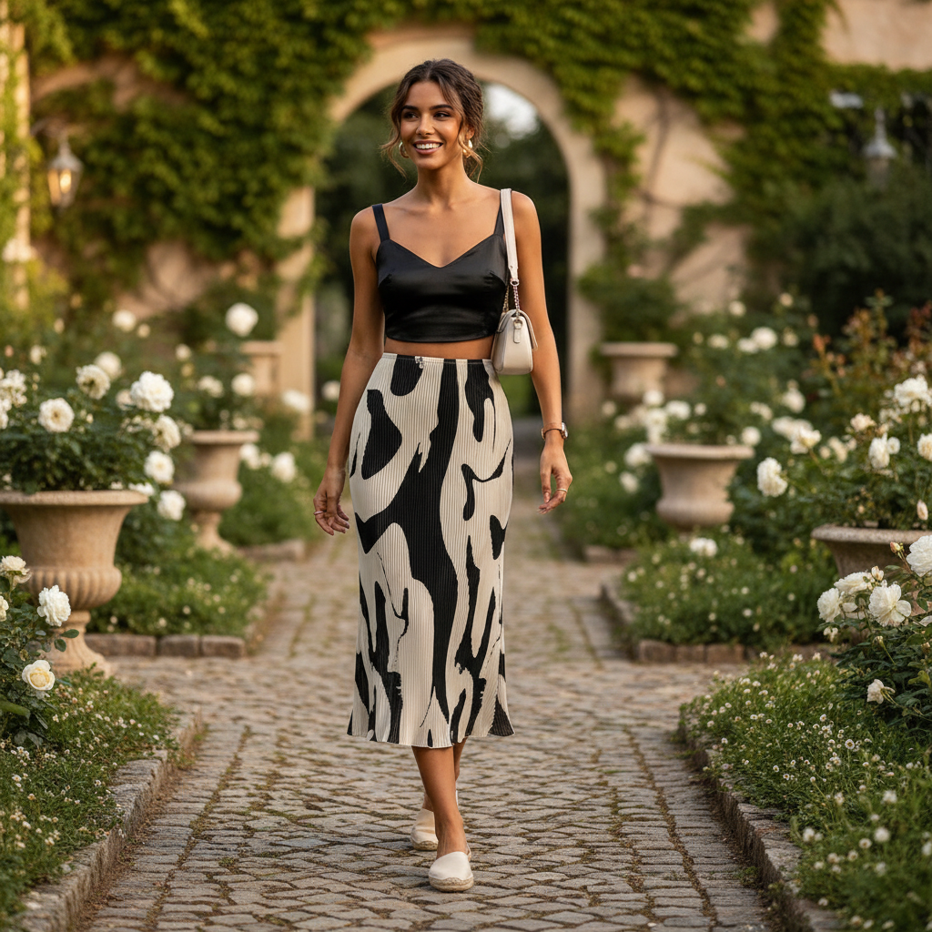 Emma | Women's Midi Skirt With Pleated Texture And Abstract Pattern | Casual
