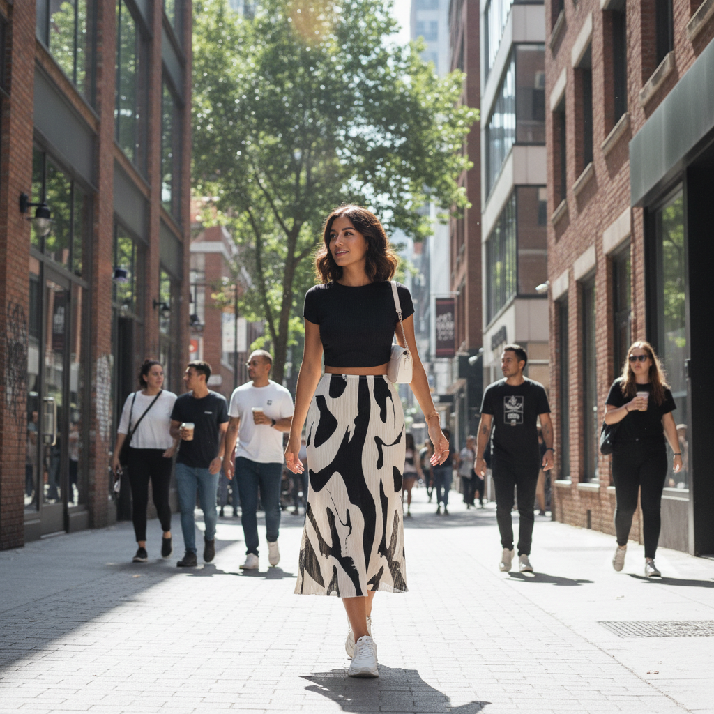Emma | Women's Midi Skirt With Pleated Texture And Abstract Pattern | Casual