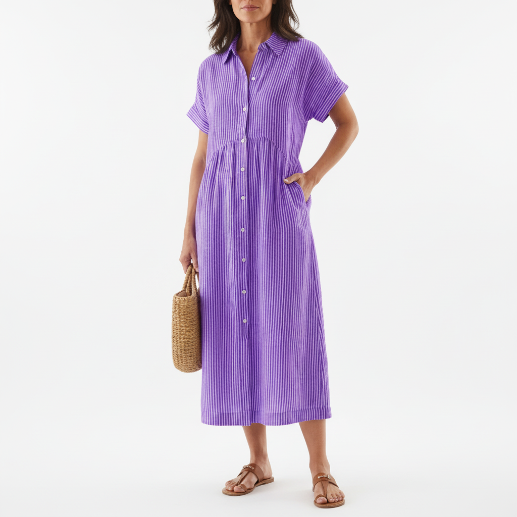 Emma | Women's Striped Midi Dress With Button Front And Short Sleeves | Casual