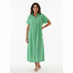 Emma | Women's Striped Midi Dress With Button Front And Short Sleeves | Casual