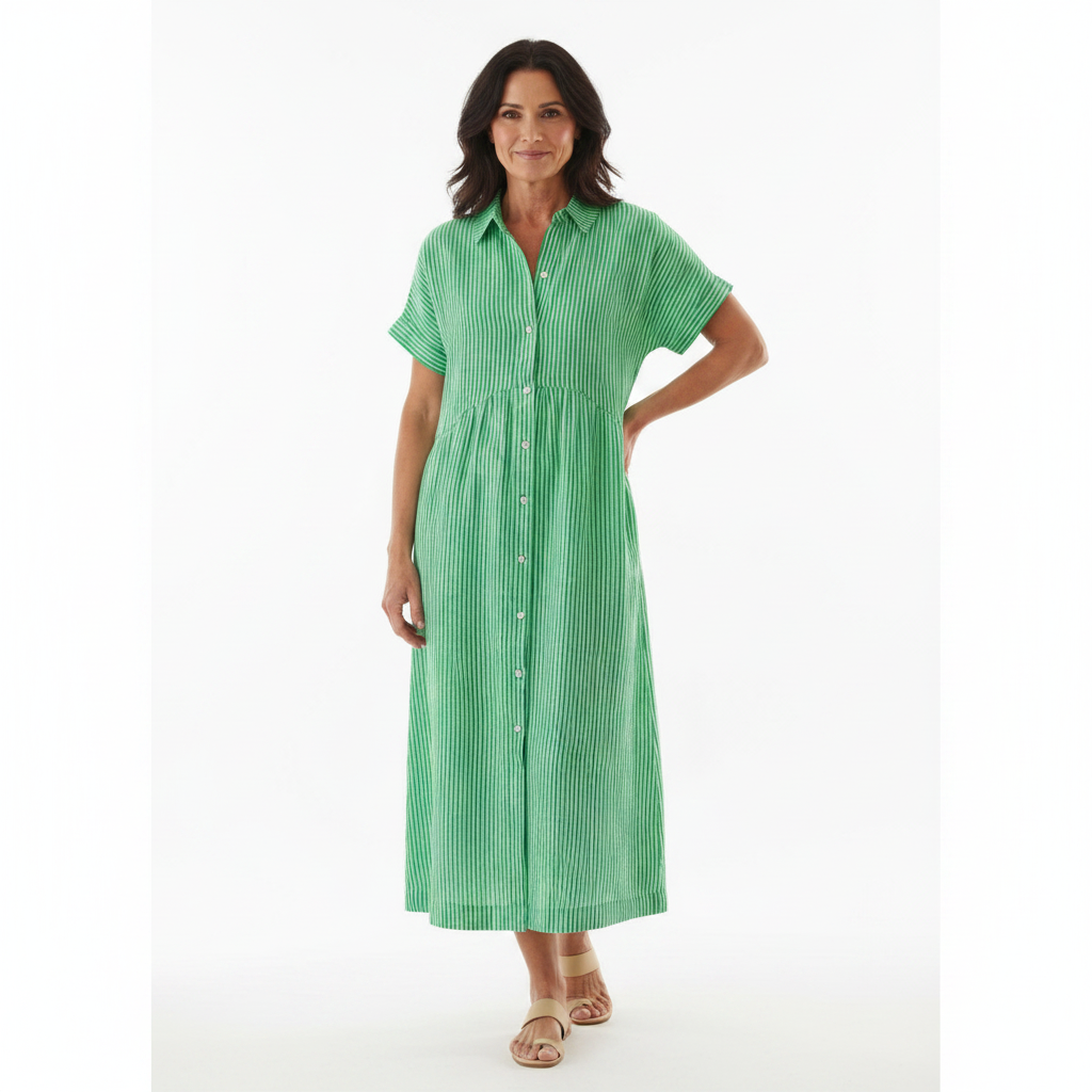 Emma | Women's Striped Midi Dress With Button Front And Short Sleeves | Casual