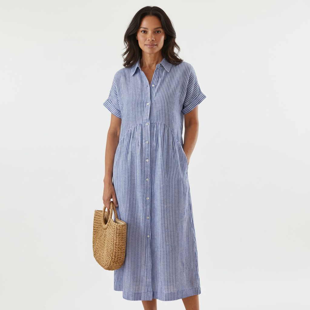 Emma | Women's Striped Midi Dress With Button Front And Short Sleeves | Casual