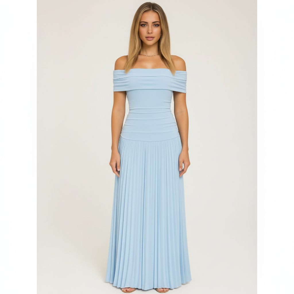 Emma | Women's Wedding Guest Dress With Off-Shoulder Neckline And Pleated Skirt | Elegant