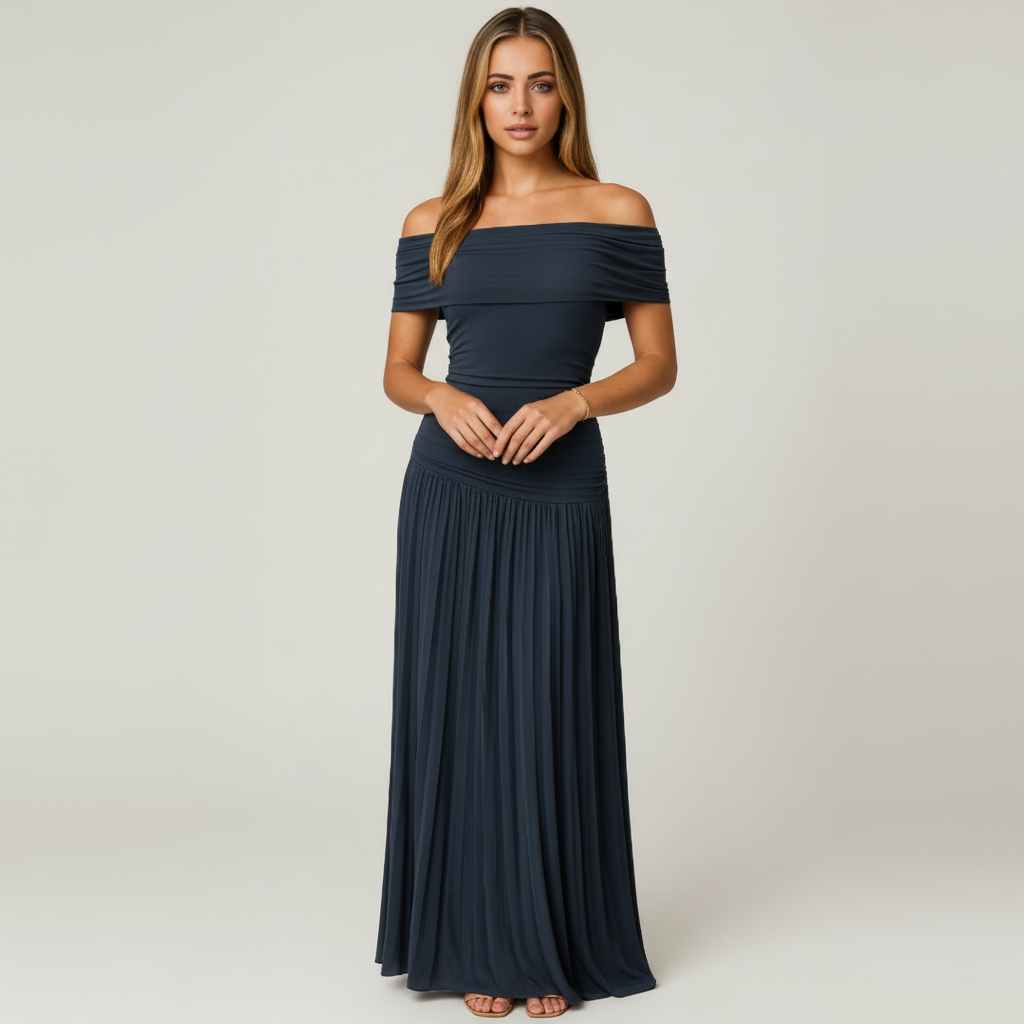 Emma | Women's Wedding Guest Dress With Off-Shoulder Neckline And Pleated Skirt | Elegant