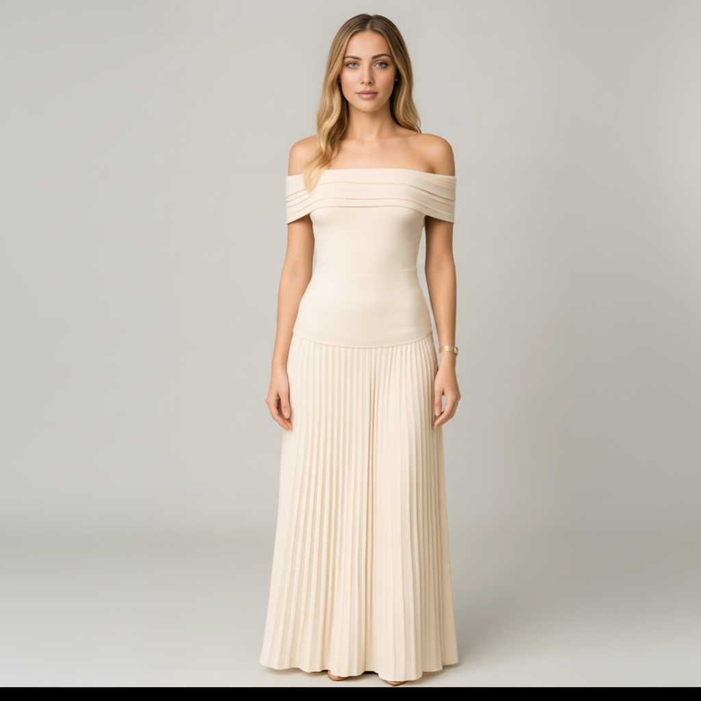 Emma | Women's Wedding Guest Dress With Off-Shoulder Neckline And Pleated Skirt | Elegant