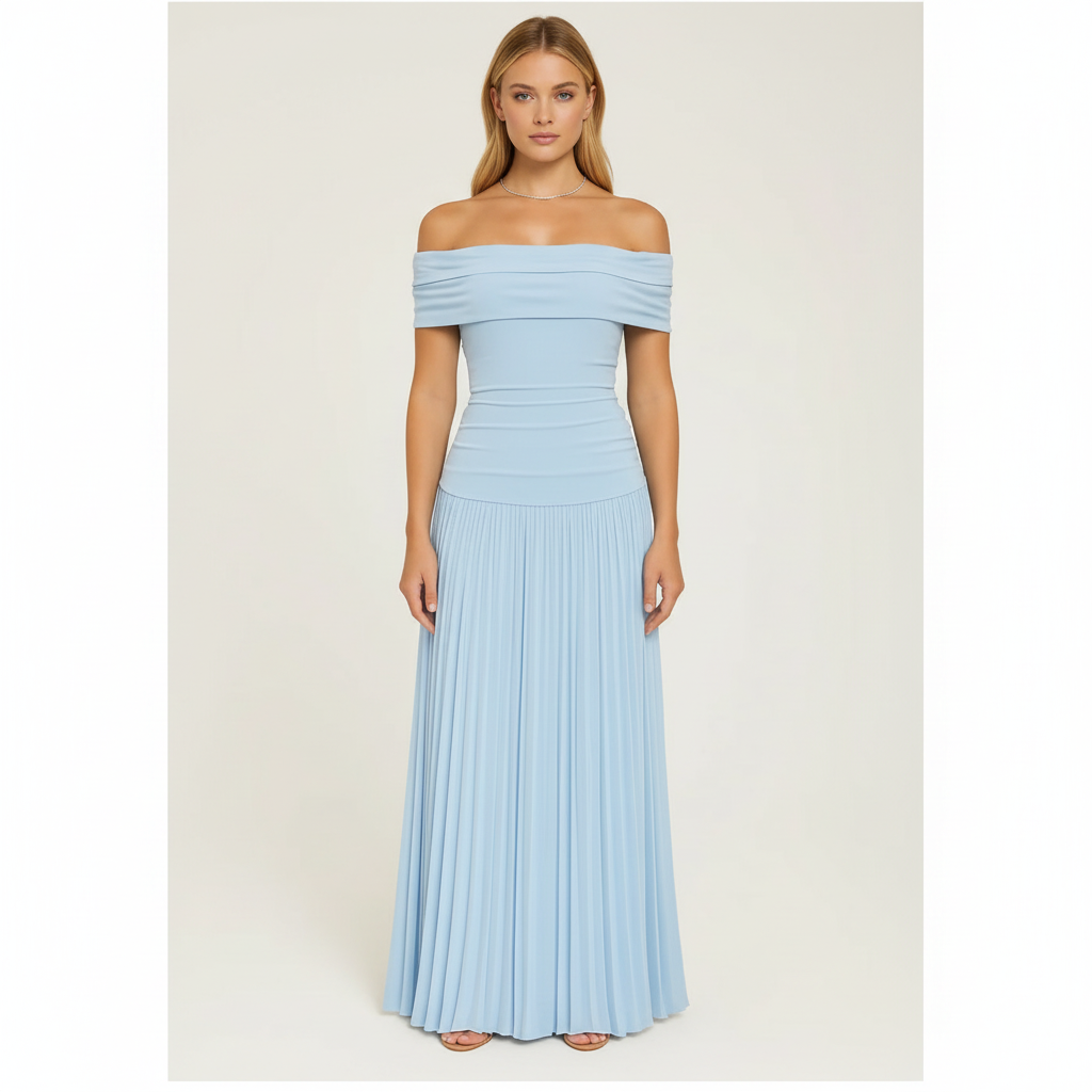 Emma | Women's Wedding Guest Maxi Dress With Off Shoulder Neckline And Pleated Skirt | Elegant