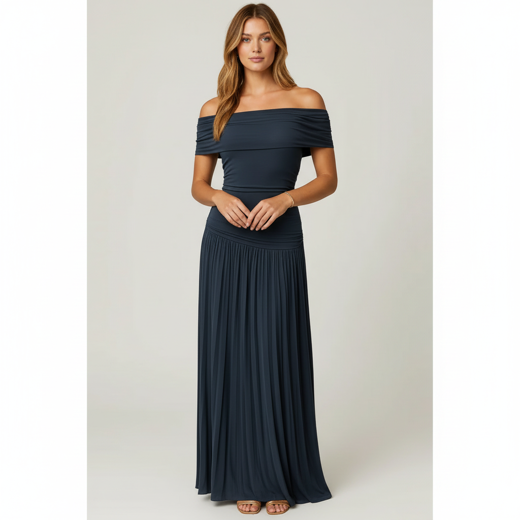 Emma | Women's Wedding Guest Maxi Dress With Off Shoulder Neckline And Pleated Skirt | Elegant