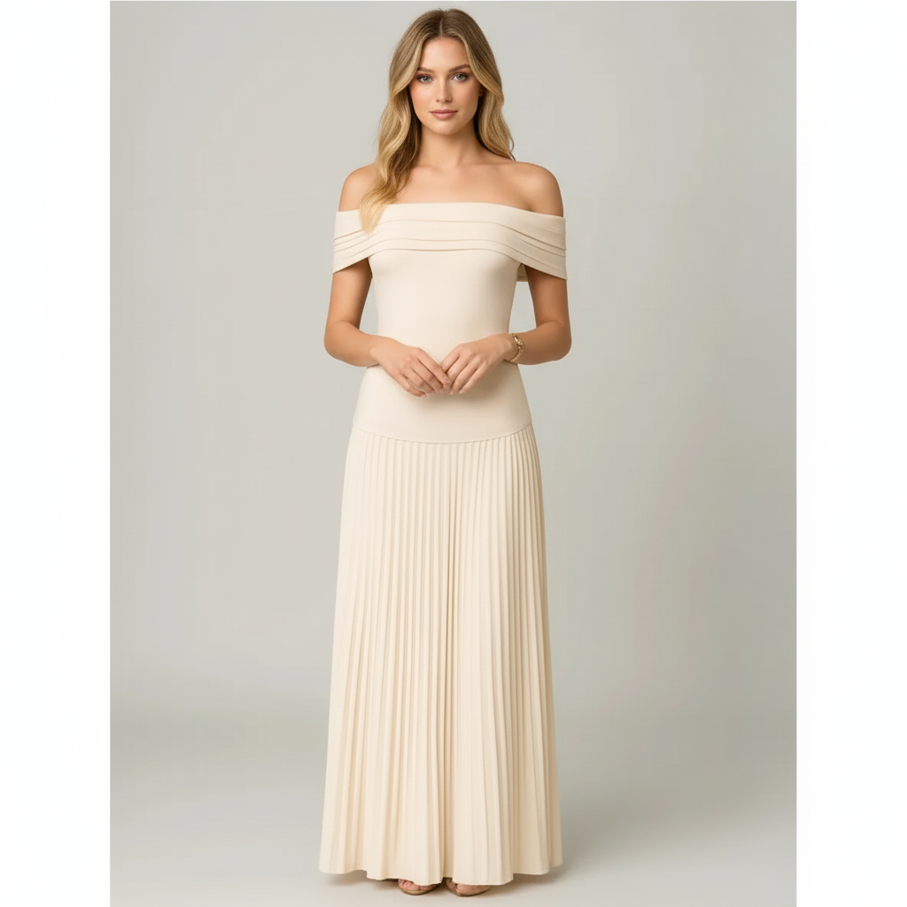 Emma | Women's Wedding Guest Maxi Dress With Off Shoulder Neckline And Pleated Skirt | Elegant