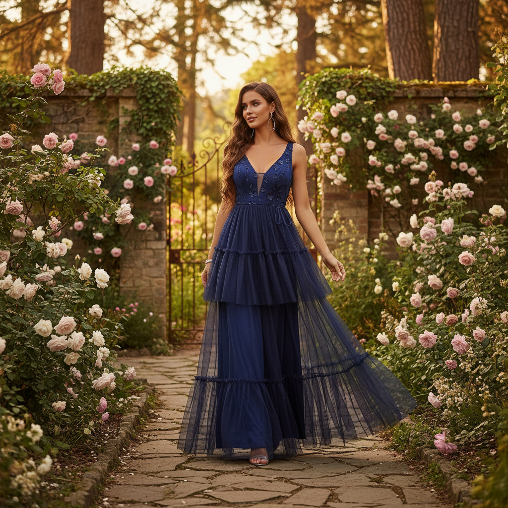 Emma | Women's Wedding Guest Maxi Dress With V Neckline And Tiered Pleated Skirt | Elegant