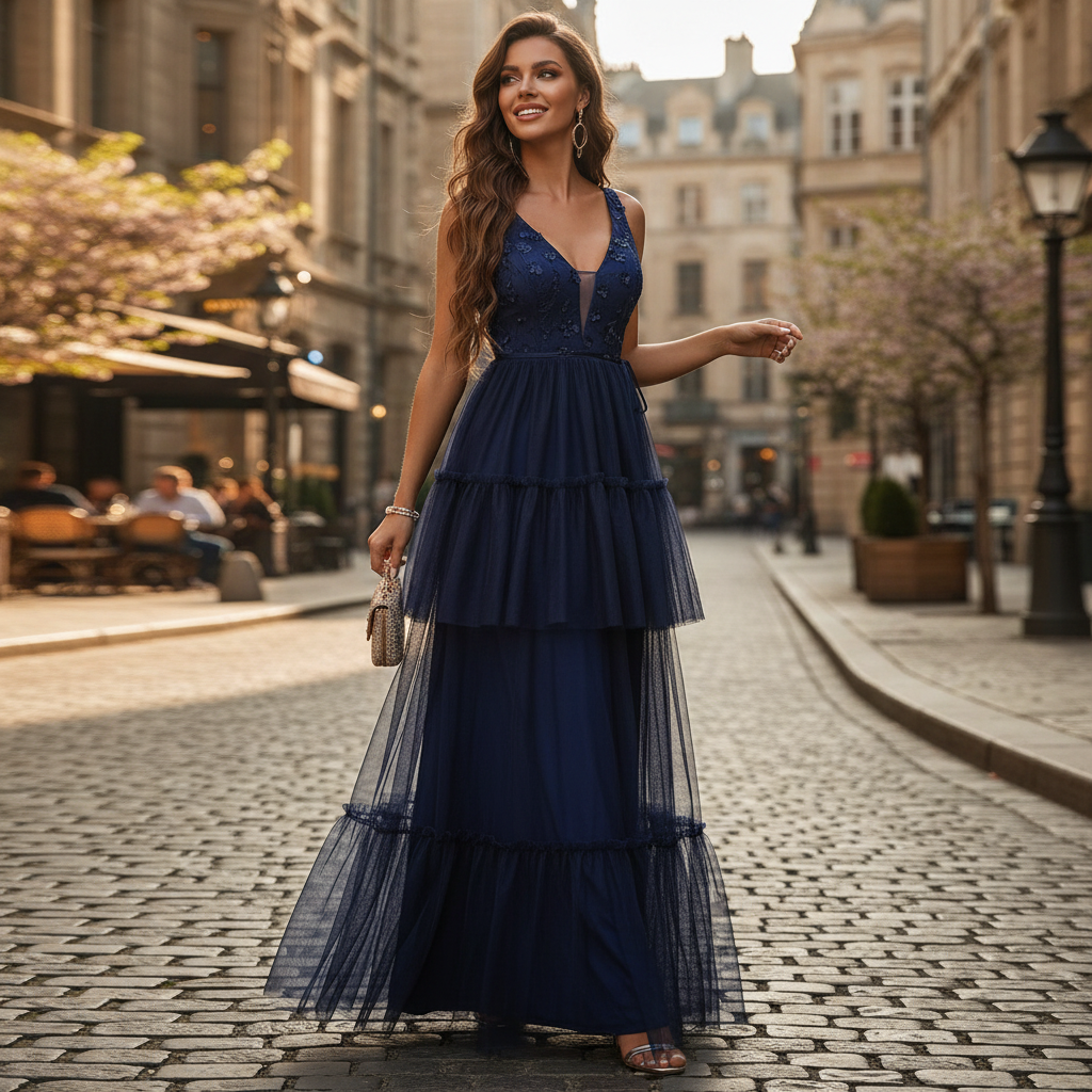 Emma | Women's Wedding Guest Maxi Dress With V Neckline And Tiered Pleated Skirt | Elegant