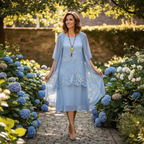 Emma | Women's Wedding Guest Midi Dress With Lace Overlay And Draped Cape | Elegant