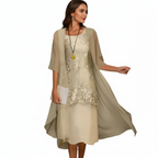 Emma | Women's Wedding Guest Midi Dress With Lace Overlay And Draped Cape | Elegant
