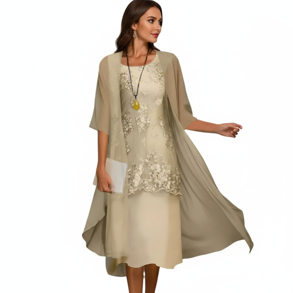 Emma | Women's Wedding Guest Midi Dress With Lace Overlay And Draped Cape | Elegant
