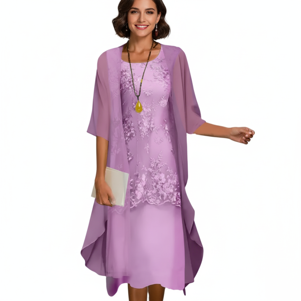 Emma | Women's Wedding Guest Midi Dress With Lace Overlay And Draped Cape | Elegant