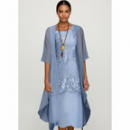 Emma | Women's Wedding Guest Midi Dress With Lace Overlay And Draped Cape | Elegant