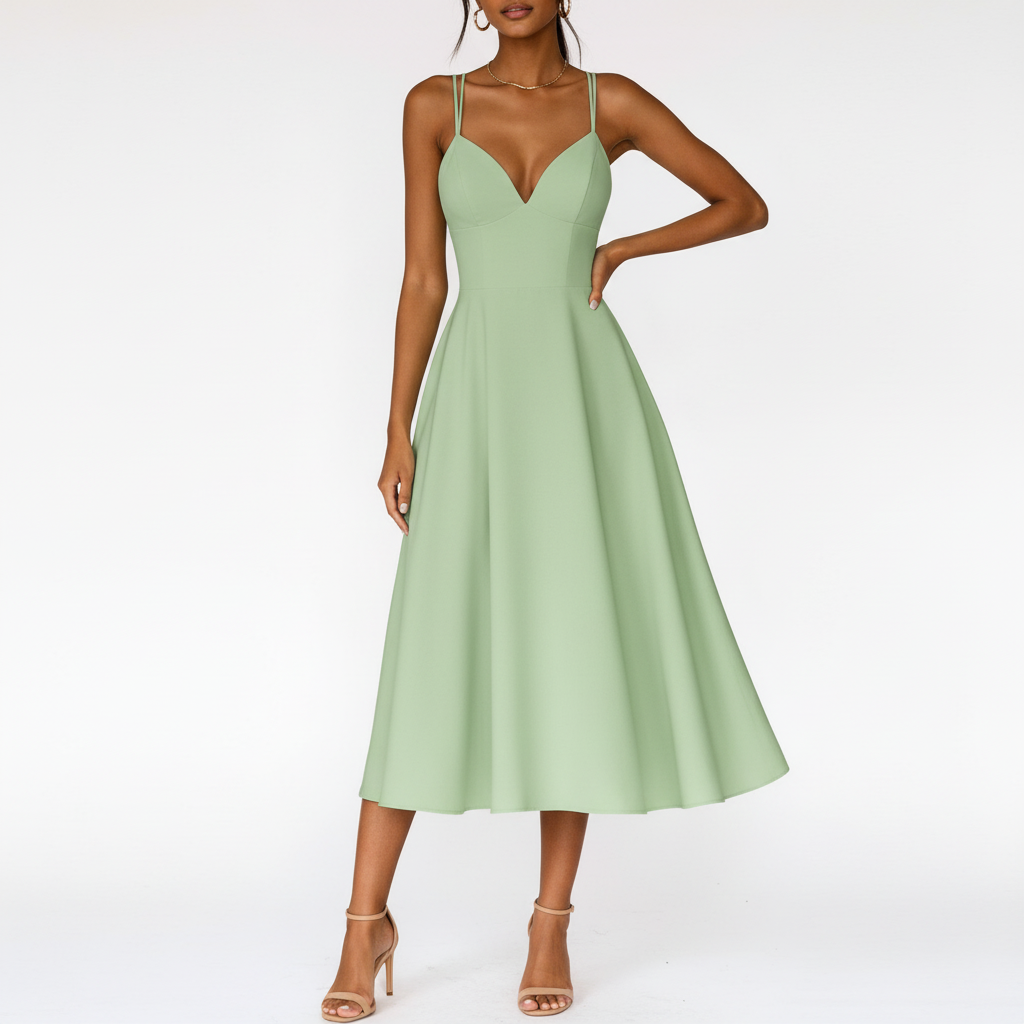 Emma | Women's Wedding Guest Midi Dress With Sweetheart Neckline And Spaghetti Straps | Elegant