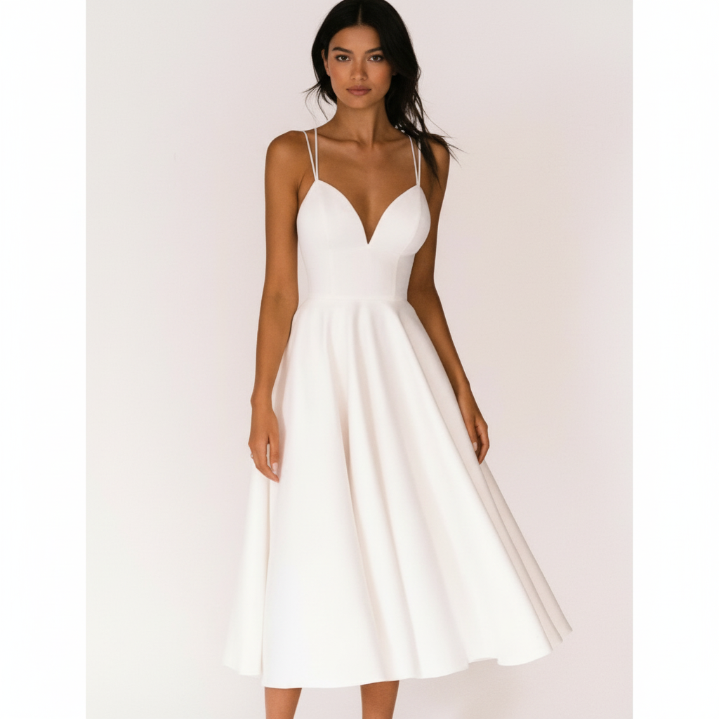 Emma | Women's Wedding Guest Midi Dress With Sweetheart Neckline And Spaghetti Straps | Elegant