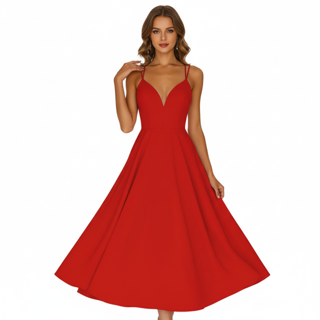 Emma | Women's Wedding Guest Midi Dress With Sweetheart Neckline And Spaghetti Straps | Elegant